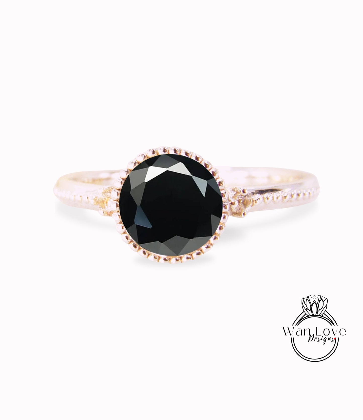 Lunetta con spinello nero Diamante rotondo Art Déco Vintage 3 pietre preziose CON anello di fidanzamento Milgrain, WanLoveDesigns