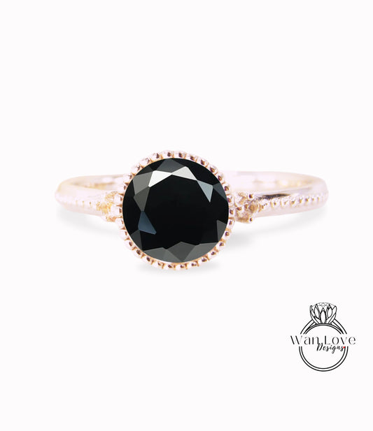 Black Spinel Bezel Round Diamond Art Deco Vintage 3 gemstone WITH Milgrain Engagement Ring,WanLoveDesigns