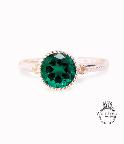 Emerald Round Diamond Ring, Round Cut Emerald Ring in Milgrain Bezel Setting, 3 Gem Stone Round Engagement Ring