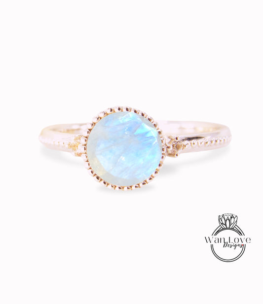 Moonstone Round Diamond Ring, Round Cut Moonstone Ring in Milgrain Bezel Setting, 3 Gem Stone Round Engagement Ring