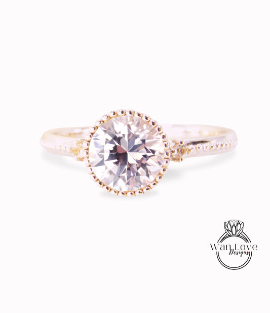 Round Light Pink Sapphire & Diamond Ring, Round Cut Sapphire Ring in Milgrain Bezel Setting, 3 Gem Stone Round Engagement Ring