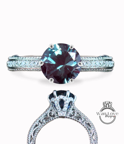 Alexandrite & Diamonds Round Beaded Milgrain Engagement Ring unique vintage filigree Rose Gold Anniversary Gift antique wedding bridal ring