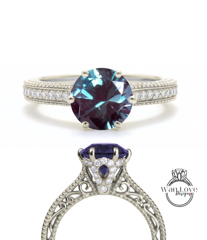 Alexandrite & Diamonds Round Beaded Milgrain Engagement Ring unique vintage filigree Rose Gold Anniversary Gift antique wedding bridal ring