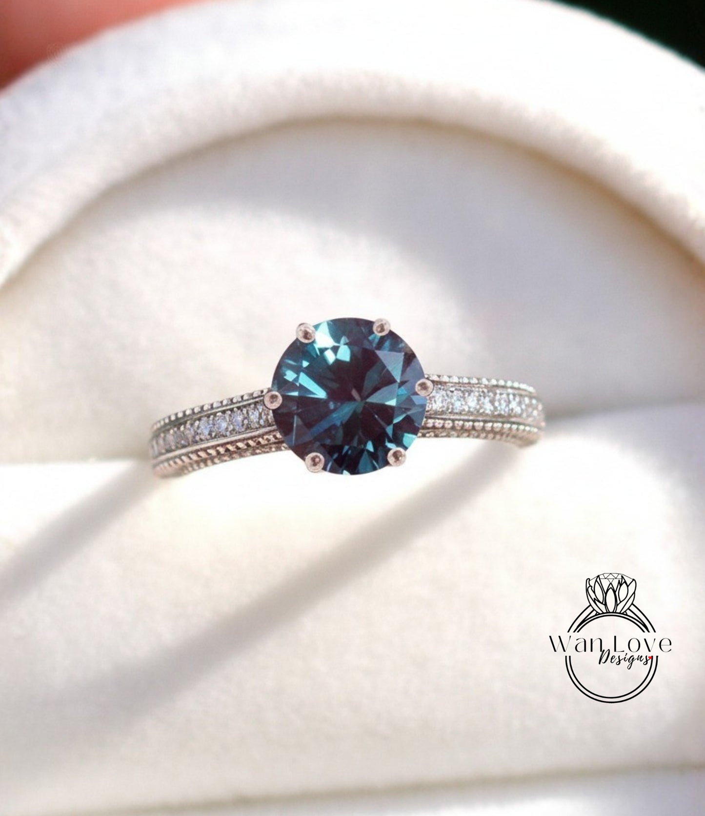 Alexandrite & Diamonds Round Beaded Milgrain Engagement Ring unique vintage filigree Rose Gold Anniversary Gift antique wedding bridal ring