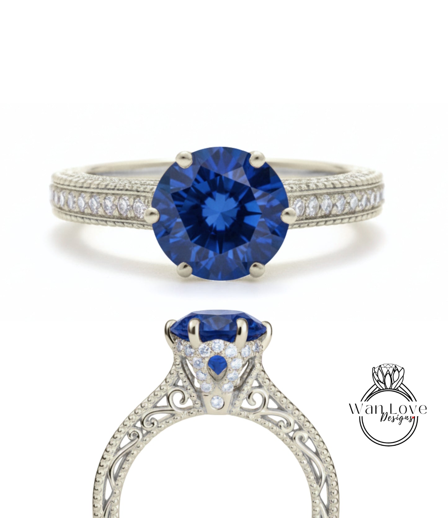 Anello di fidanzamento con perline floreali in filigrana Milgrain con zaffiri blu e diamanti, rotondo, personalizzato, in oro 18kt, platino, matrimonio 14kt