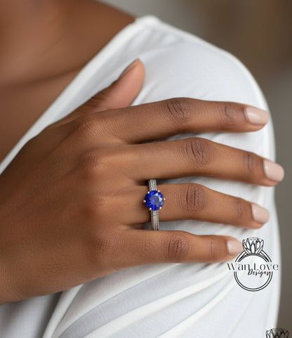 Anello di fidanzamento con perline floreali in filigrana Milgrain con zaffiri blu e diamanti, rotondo, personalizzato, in oro 18kt, platino, matrimonio 14kt