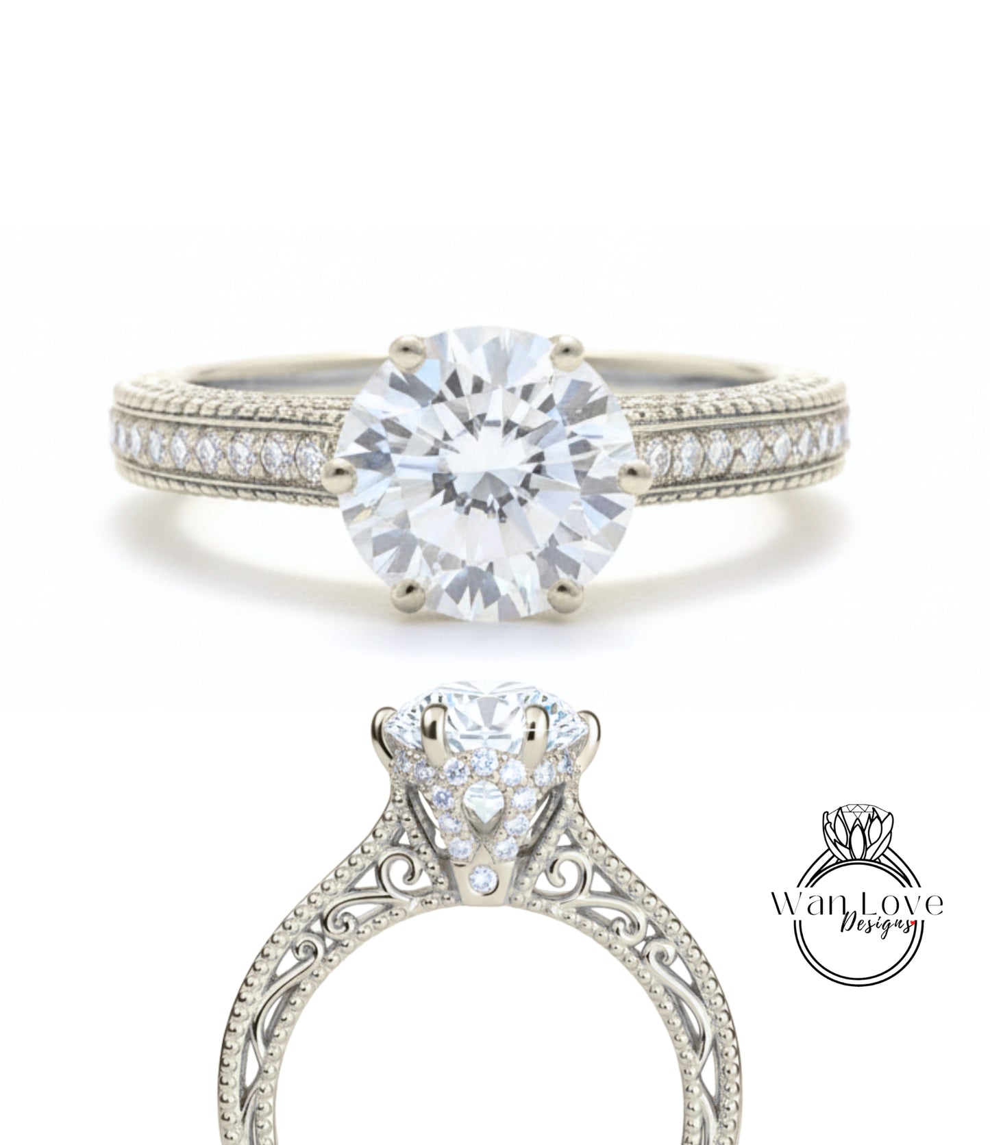 Anello di fidanzamento con perline floreali in filigrana di diamanti Milgrain rotondo personalizzato-14kt oro 18kt, platino, anello di diamanti da laboratorio IGI CVD HPHT