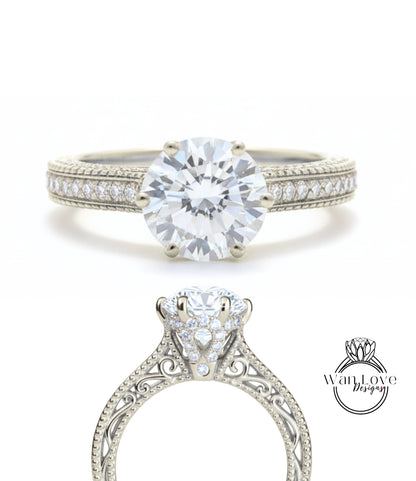 Anello di fidanzamento con perline floreali in filigrana di diamanti Milgrain rotondo personalizzato-14kt oro 18kt, platino, anello di diamanti da laboratorio IGI CVD HPHT