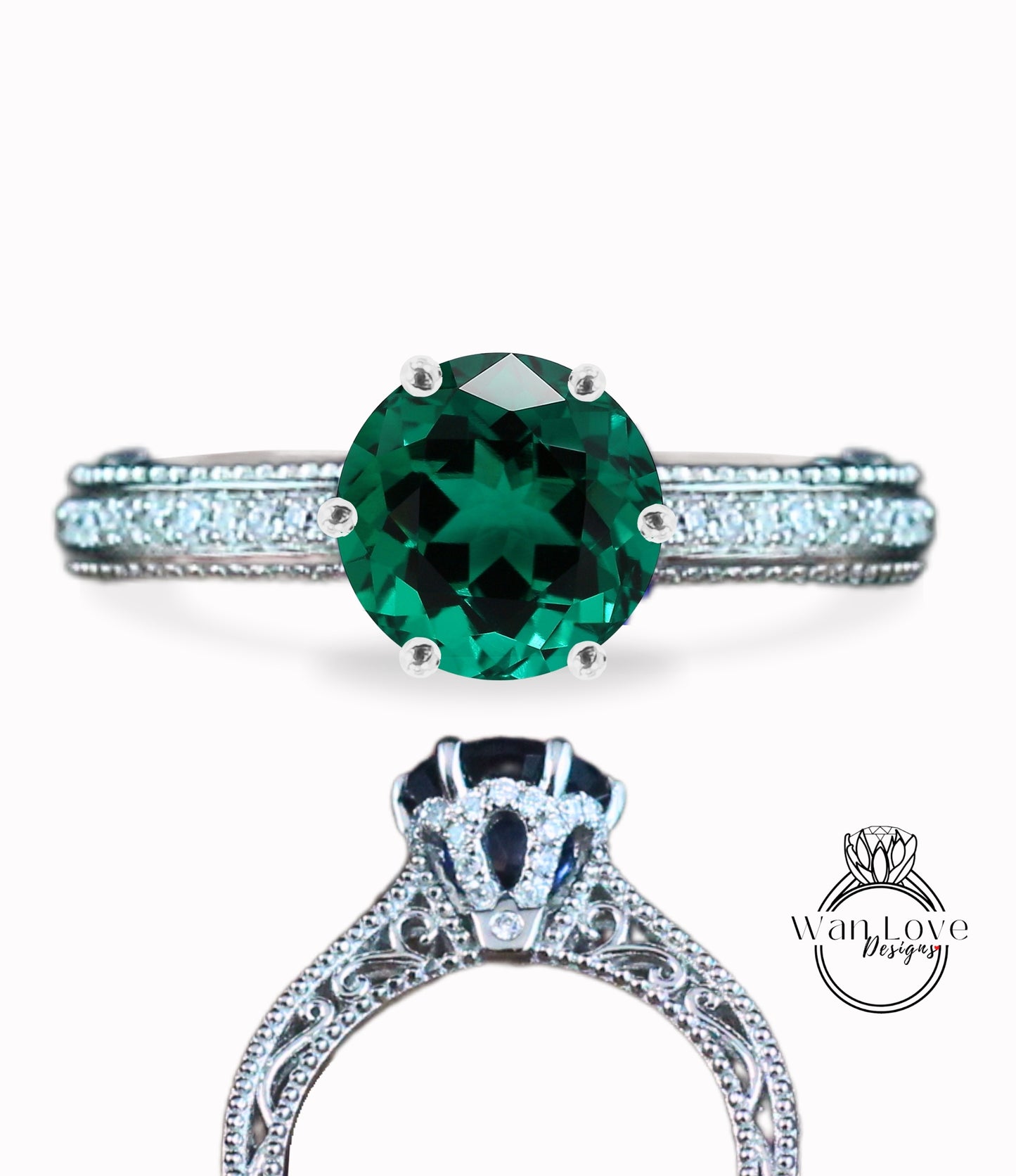 Anello di fidanzamento con fiore Milgrain in filigrana con smeraldo e diamante rotondo personalizzato-14k 18k bianco rosa oro giallo, platino, matrimonio, anniversario