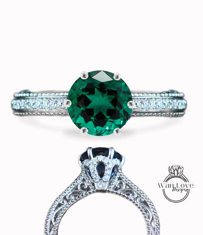 Anello di fidanzamento con fiore Milgrain in filigrana con smeraldo e diamante rotondo personalizzato-14k 18k bianco rosa oro giallo, platino, matrimonio, anniversario