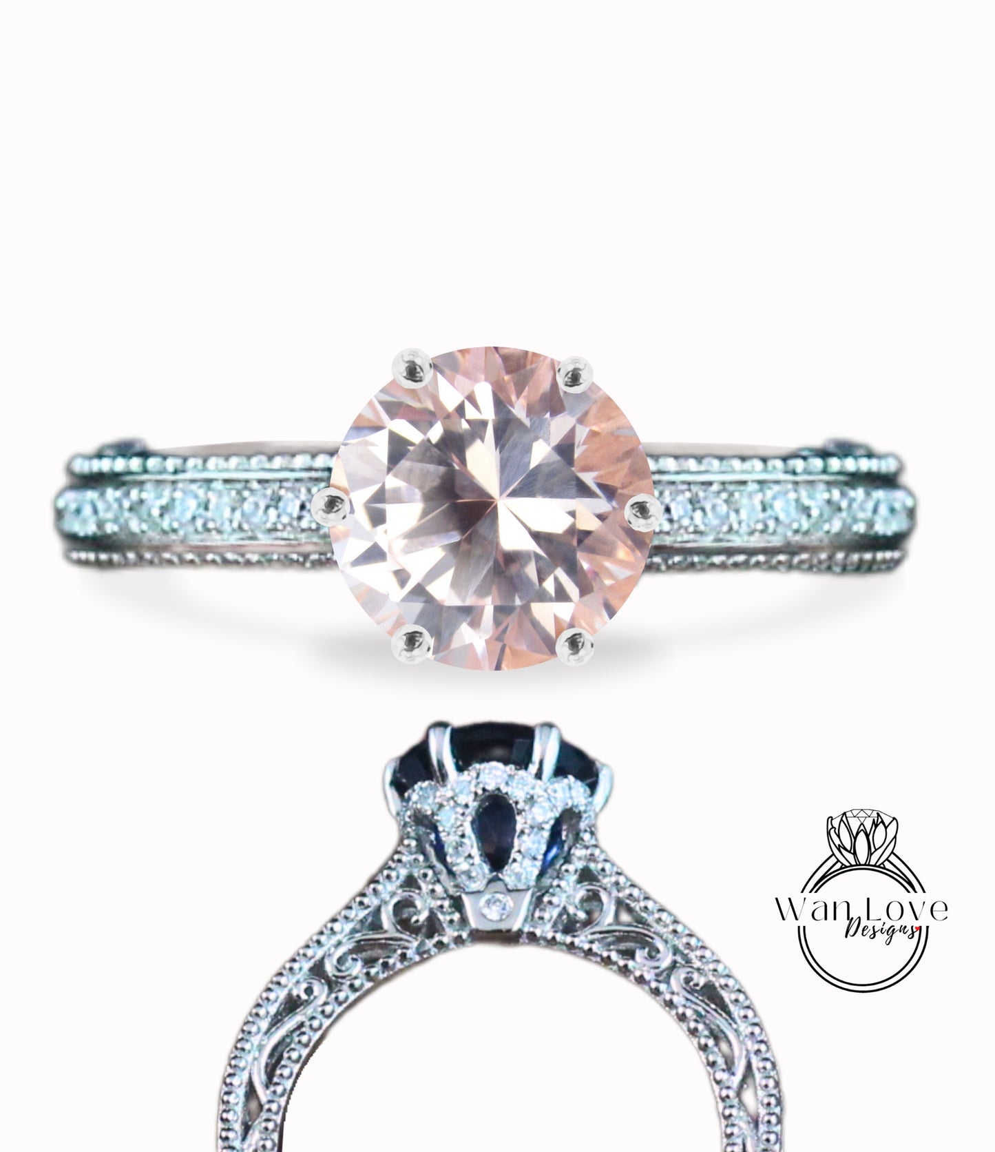 Anello di fidanzamento con perline floreali in filigrana Milgrain con zaffiro rosa chiaro e diamanti, rotondo, personalizzato, in oro 18kt, platino, matrimonio 14kt