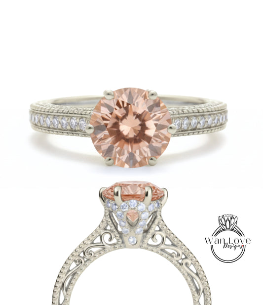 Anello di fidanzamento con perline floreali in filigrana Milgrain con zaffiro rosa chiaro e diamanti, rotondo, personalizzato, in oro 18kt, platino, matrimonio 14kt