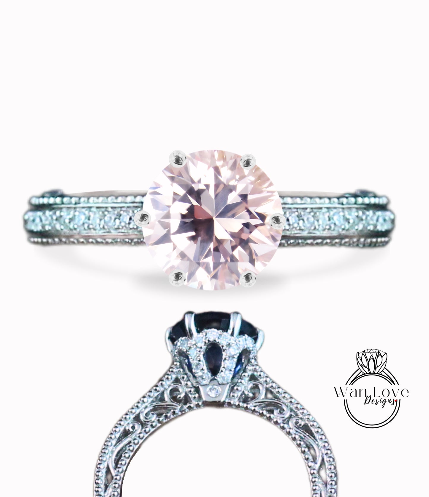 Light Pink Sapphire & Diamonds Round Beaded Milgrain Engagement Ring unique vintage filigree Rose Gold Anniversary Gift antique wedding bridal ring