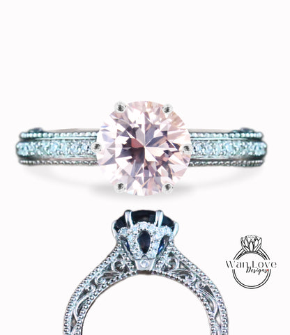 Light Pink Sapphire & Diamonds Round Beaded Milgrain Engagement Ring unique vintage filigree Rose Gold Anniversary Gift antique wedding bridal ring