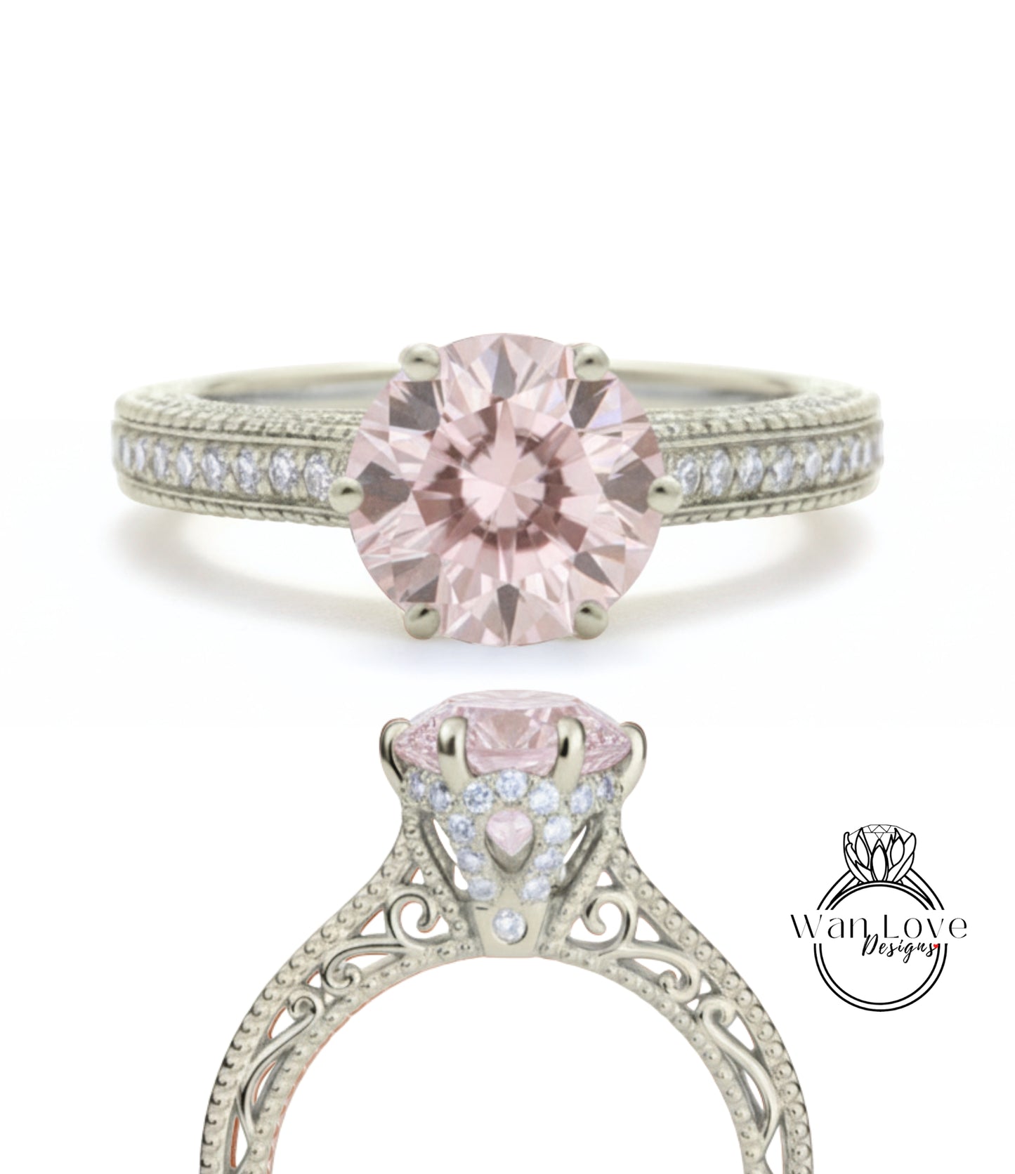 Anello di fidanzamento con perline floreali in filigrana Milgrain con zaffiro rosa chiaro e diamanti, rotondo, personalizzato, in oro 18kt, platino, matrimonio 14kt