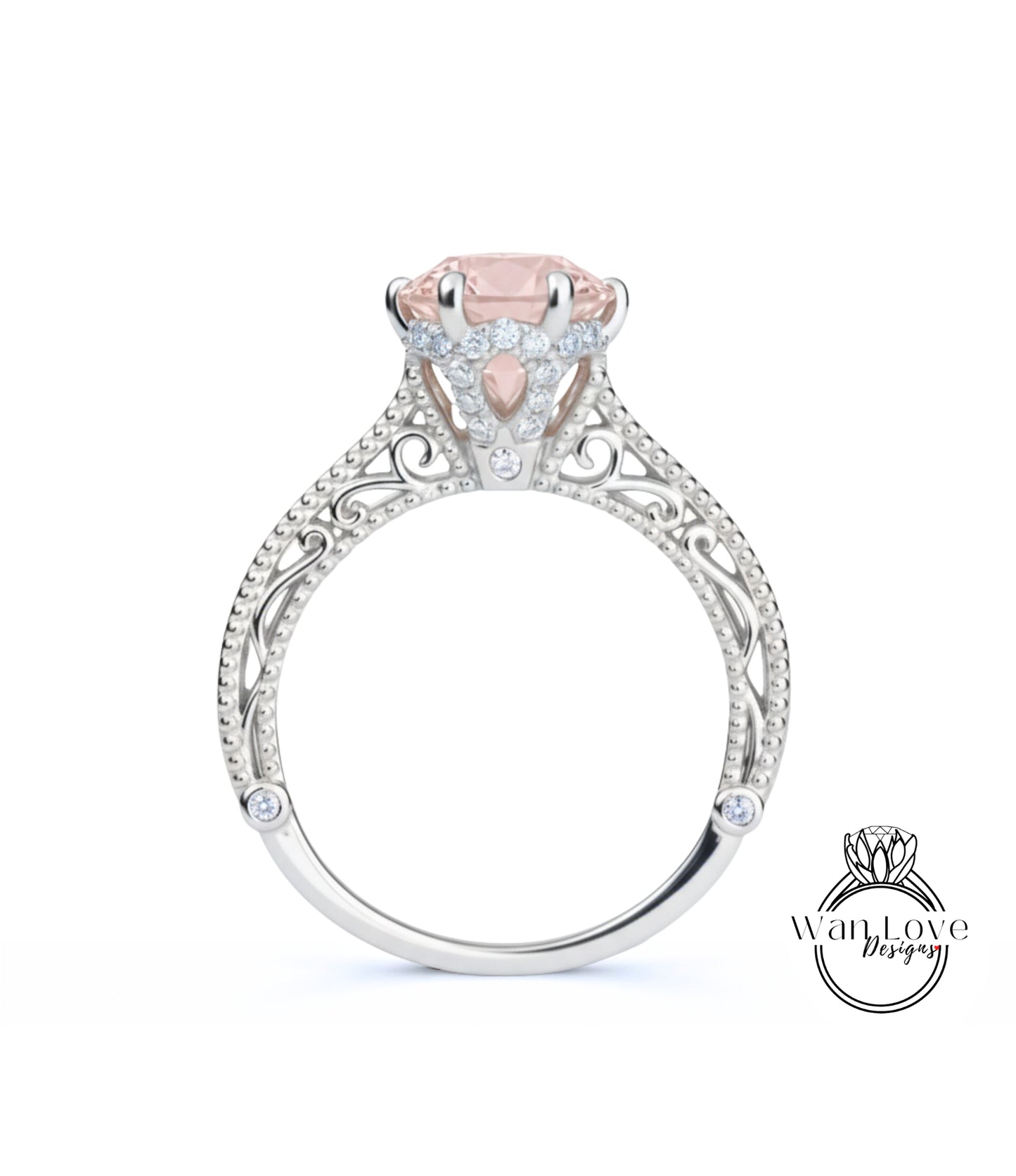 Anello di fidanzamento con perline floreali in filigrana Milgrain con zaffiro rosa chiaro e diamanti, rotondo, personalizzato, in oro 18kt, platino, matrimonio 14kt