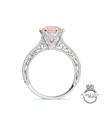 Anello di fidanzamento con perline floreali in filigrana Milgrain con zaffiro rosa chiaro e diamanti, rotondo, personalizzato, in oro 18kt, platino, matrimonio 14kt