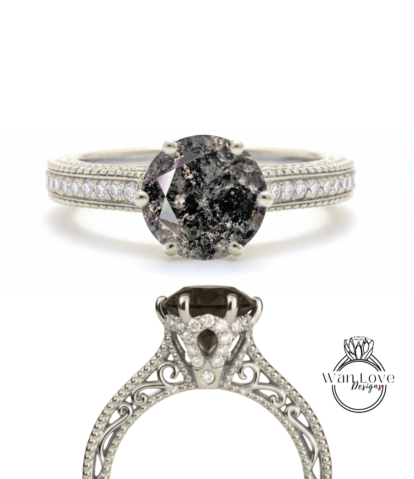 Salt & Pepper Diamond Round Beaded Milgrain Engagement Ring unique vintage filigree Rose Gold Anniversary Gift antique wedding bridal ring