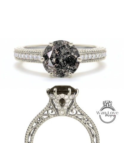Salt & Pepper Diamond Round Beaded Milgrain Engagement Ring unique vintage filigree Rose Gold Anniversary Gift antique wedding bridal ring