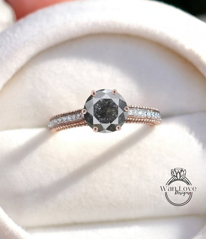 Salt & Pepper Diamond Round Beaded Milgrain Engagement Ring unique vintage filigree Rose Gold Anniversary Gift antique wedding bridal ring