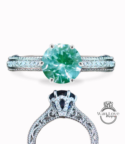 Anello di fidanzamento rotondo con spinello verde acqua e diamanti, Halo laterale, quasi eternità, con gambo sottile, matrimonio personalizzato, regalo di anniversario in platino, oro 14kt 18kt