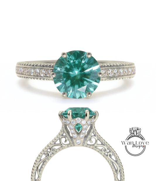 Anello di fidanzamento rotondo con spinello verde acqua e diamanti, Halo laterale, quasi eternità, con gambo sottile, matrimonio personalizzato, regalo di anniversario in platino, oro 14kt 18kt