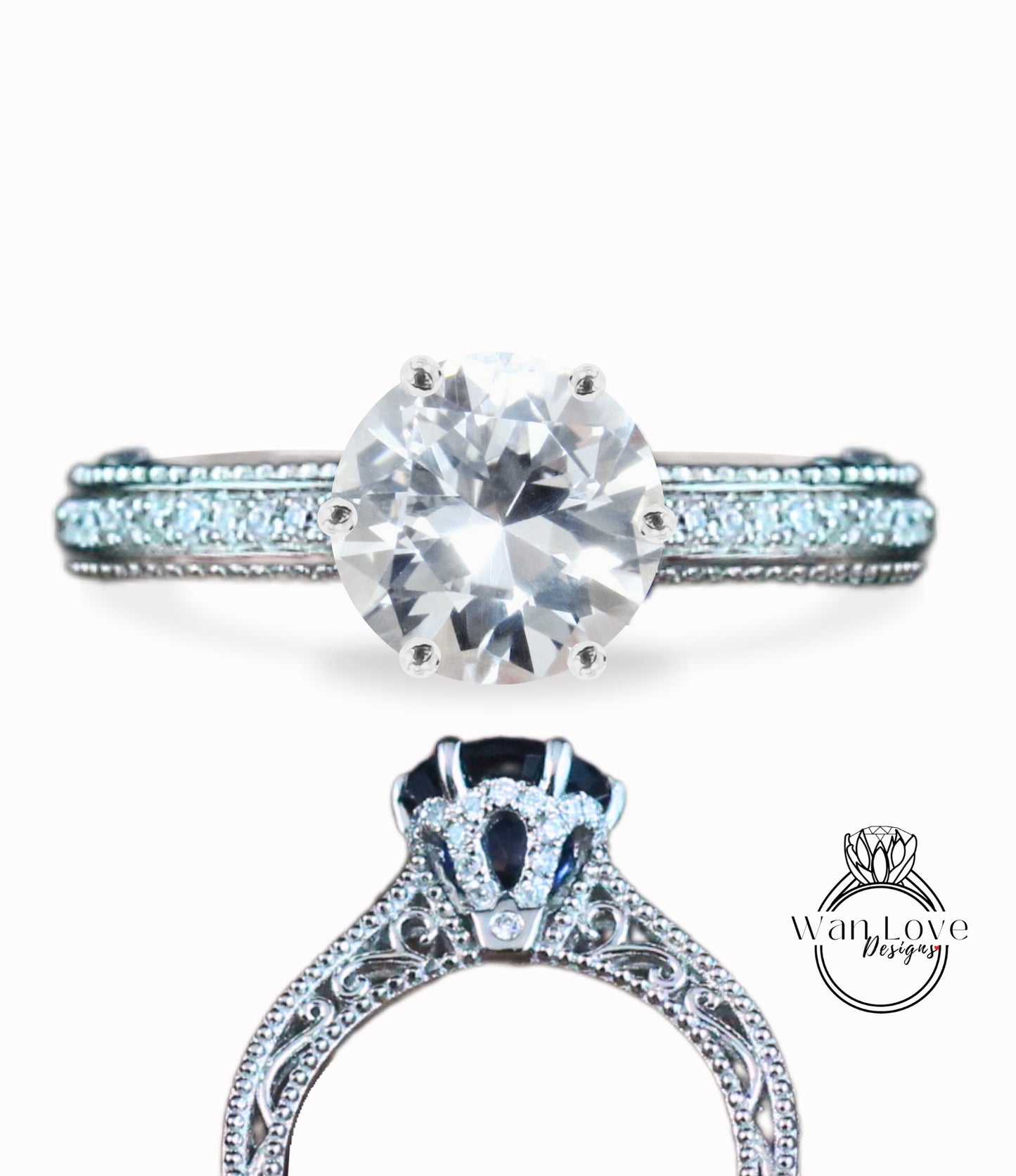 Anello di fidanzamento fiore Milgrain in filigrana con zaffiro bianco e diamante rotondo personalizzato-14k 18k rosa bianca oro giallo, platino, matrimonio, anniversario