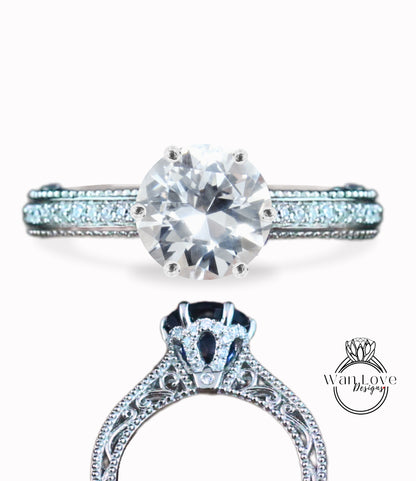 Anello di fidanzamento fiore Milgrain in filigrana con zaffiro bianco e diamante rotondo personalizzato-14k 18k rosa bianca oro giallo, platino, matrimonio, anniversario