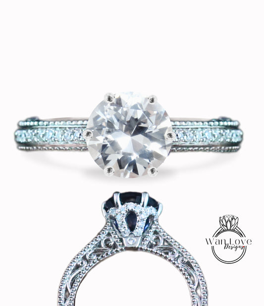 White Sapphire & Diamonds Round Beaded Milgrain Engagement Ring unique vintage filigree Rose Gold Anniversary Gift antique wedding bridal ring