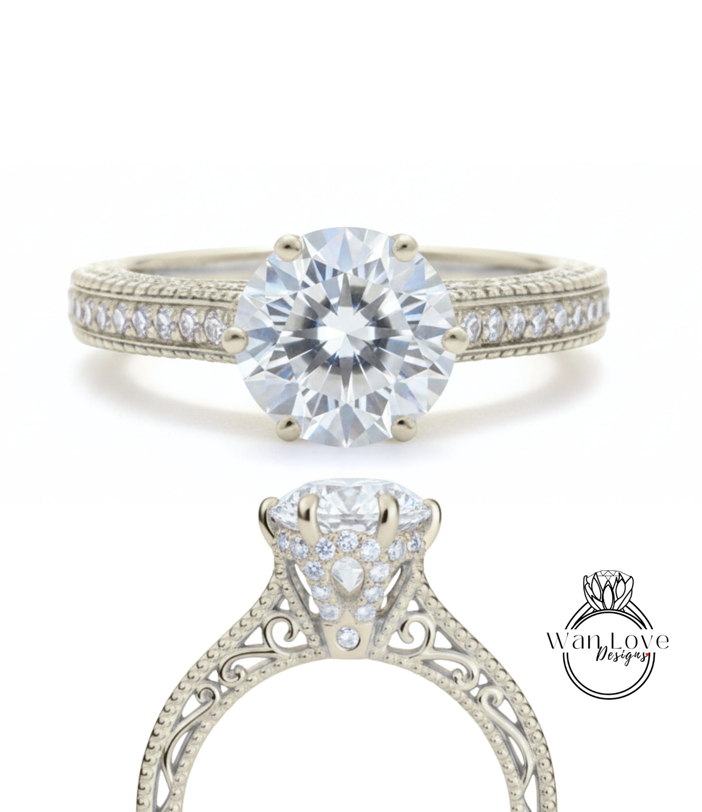 Anello di fidanzamento fiore Milgrain in filigrana con zaffiro bianco e diamante rotondo personalizzato-14k 18k rosa bianca oro giallo, platino, matrimonio, anniversario
