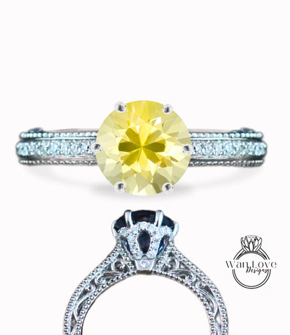 Anello di fidanzamento con perline floreali in filigrana Milgrain con zaffiro rosa chiaro e diamanti, rotondo, personalizzato, in oro 18kt, platino, matrimonio 14kt