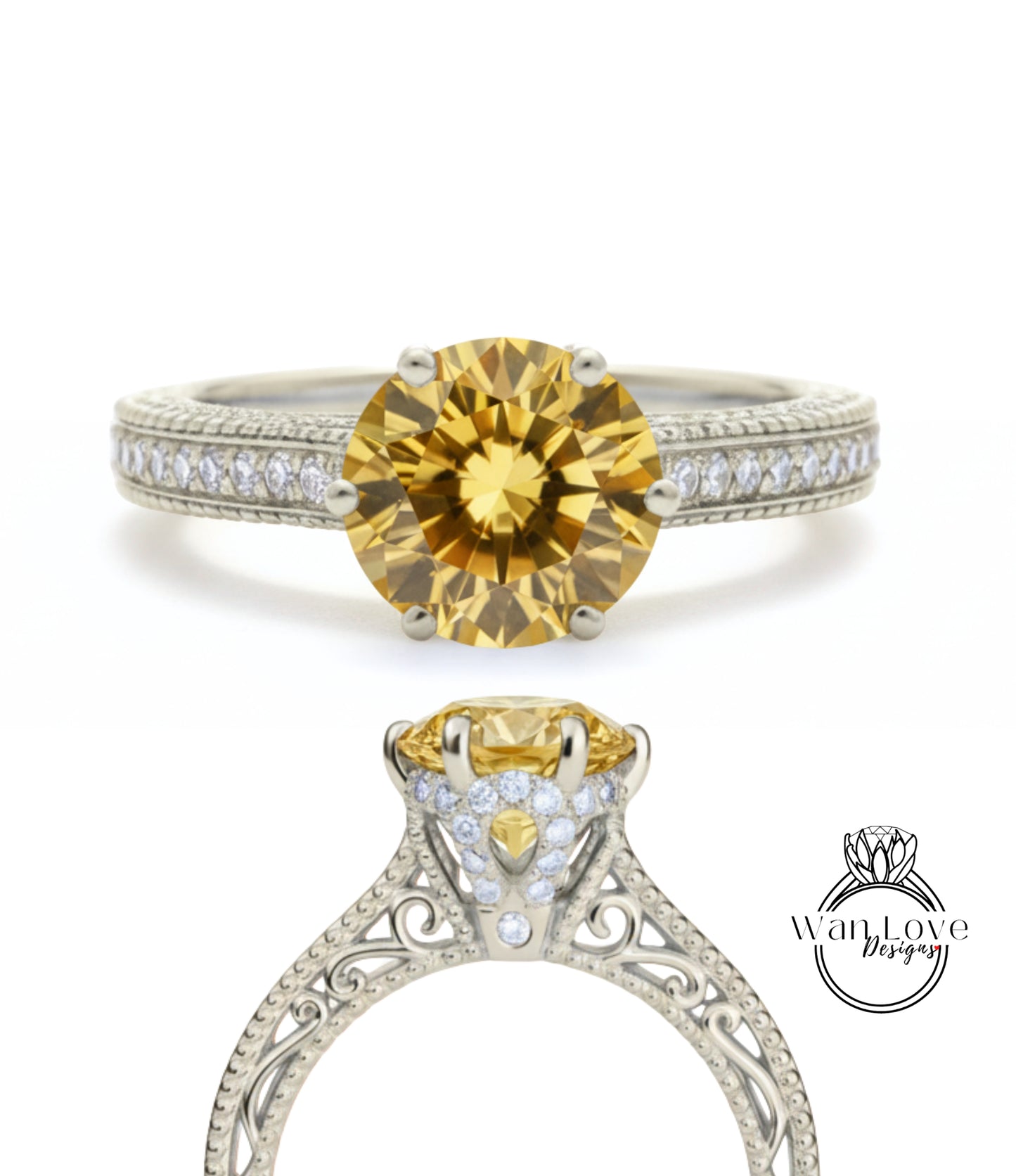 Anello di fidanzamento con perline floreali in filigrana Milgrain con zaffiro rosa chiaro e diamanti, rotondo, personalizzato, in oro 18kt, platino, matrimonio 14kt