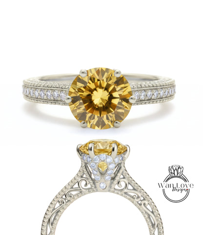 Anello di fidanzamento con perline floreali in filigrana Milgrain con zaffiro rosa chiaro e diamanti, rotondo, personalizzato, in oro 18kt, platino, matrimonio 14kt