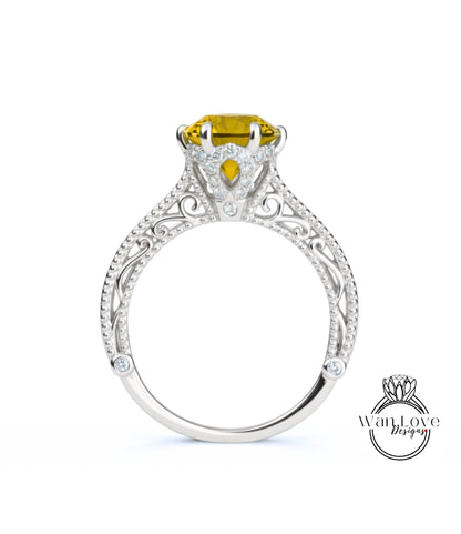 Anello di fidanzamento con perline floreali in filigrana Milgrain con zaffiro rosa chiaro e diamanti, rotondo, personalizzato, in oro 18kt, platino, matrimonio 14kt