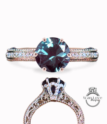 Alexandrite & Diamonds Round Beaded Milgrain Engagement Ring unique vintage filigree Rose Gold Anniversary Gift antique wedding bridal ring