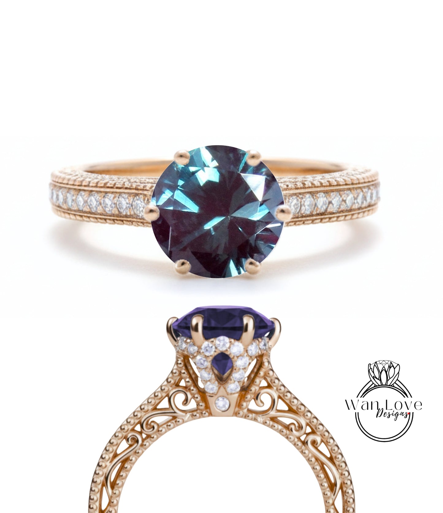 Alexandrite & Diamonds Round Beaded Milgrain Engagement Ring unique vintage filigree Rose Gold Anniversary Gift antique wedding bridal ring