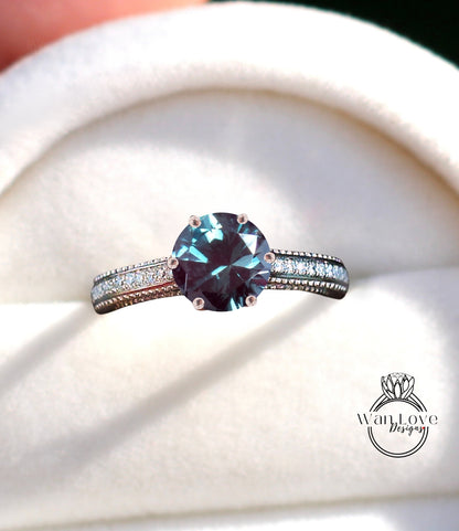 Alexandrite & Diamonds Round Beaded Milgrain Engagement Ring unique vintage filigree Rose Gold Anniversary Gift antique wedding bridal ring