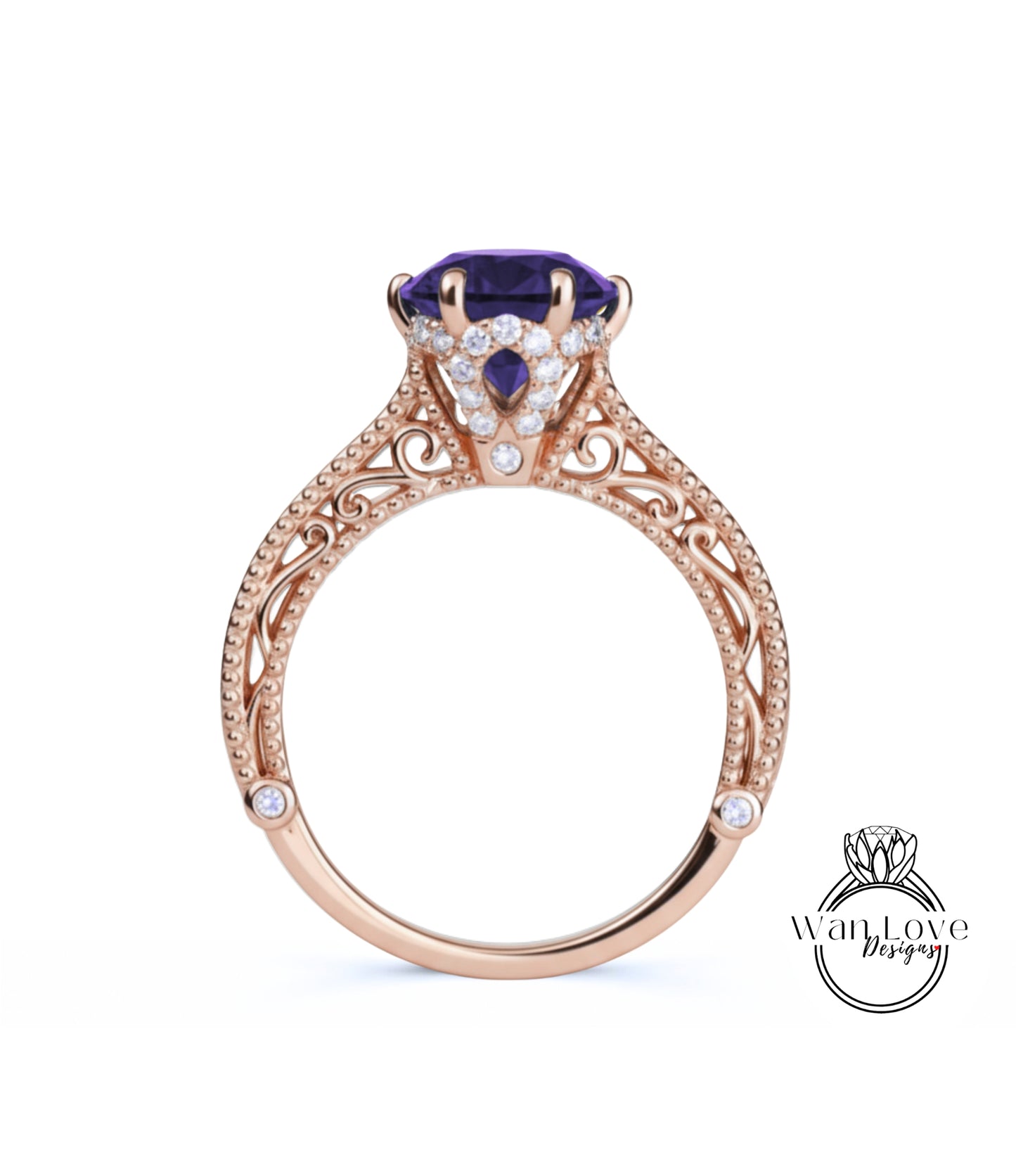 Alexandrite & Diamonds Round Beaded Milgrain Engagement Ring unique vintage filigree Rose Gold Anniversary Gift antique wedding bridal ring