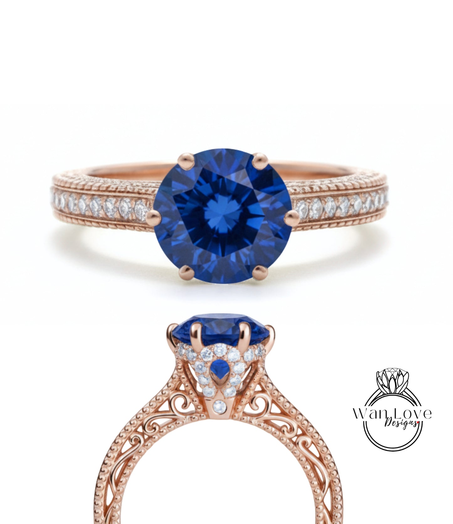 Anello di fidanzamento con perline floreali in filigrana Milgrain con zaffiri blu e diamanti, rotondo, personalizzato, in oro 18kt, platino, matrimonio 14kt