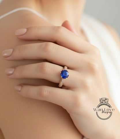 Anello di fidanzamento con perline floreali in filigrana Milgrain con zaffiri blu e diamanti, rotondo, personalizzato, in oro 18kt, platino, matrimonio 14kt