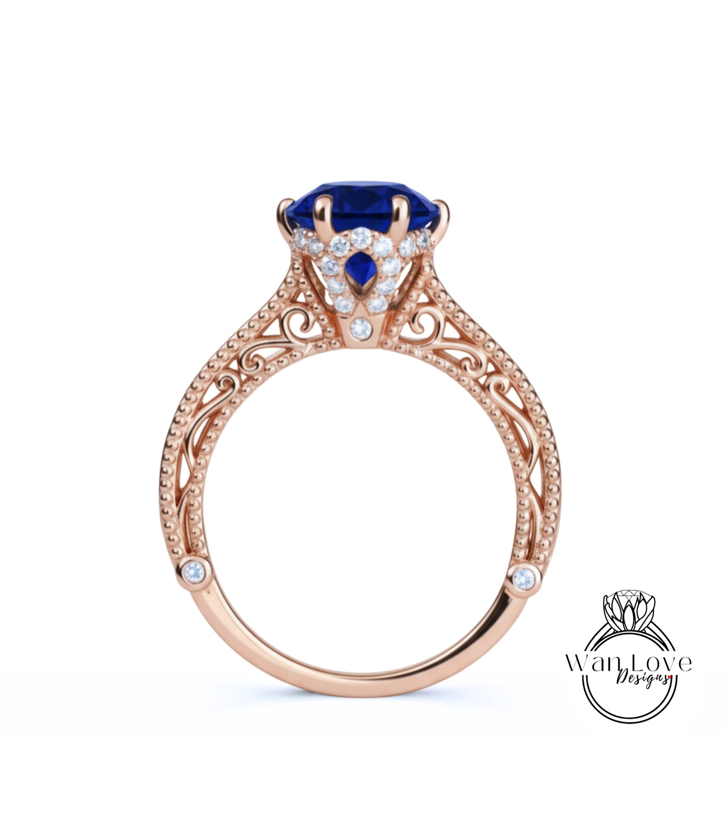 Anello di fidanzamento con perline floreali in filigrana Milgrain con zaffiri blu e diamanti, rotondo, personalizzato, in oro 18kt, platino, matrimonio 14kt