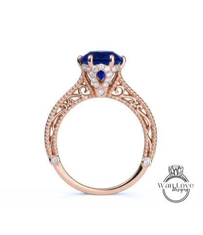 Anello di fidanzamento con perline floreali in filigrana Milgrain con zaffiri blu e diamanti, rotondo, personalizzato, in oro 18kt, platino, matrimonio 14kt