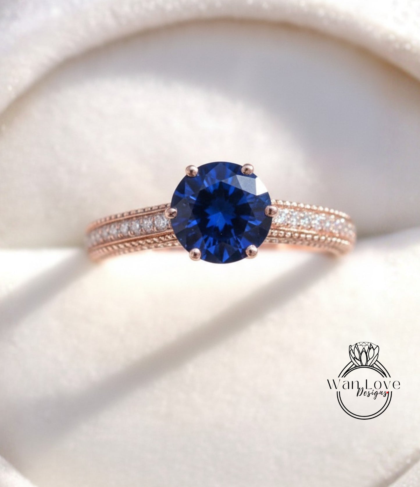 Anello di fidanzamento con perline floreali in filigrana Milgrain con zaffiri blu e diamanti, rotondo, personalizzato, in oro 18kt, platino, matrimonio 14kt