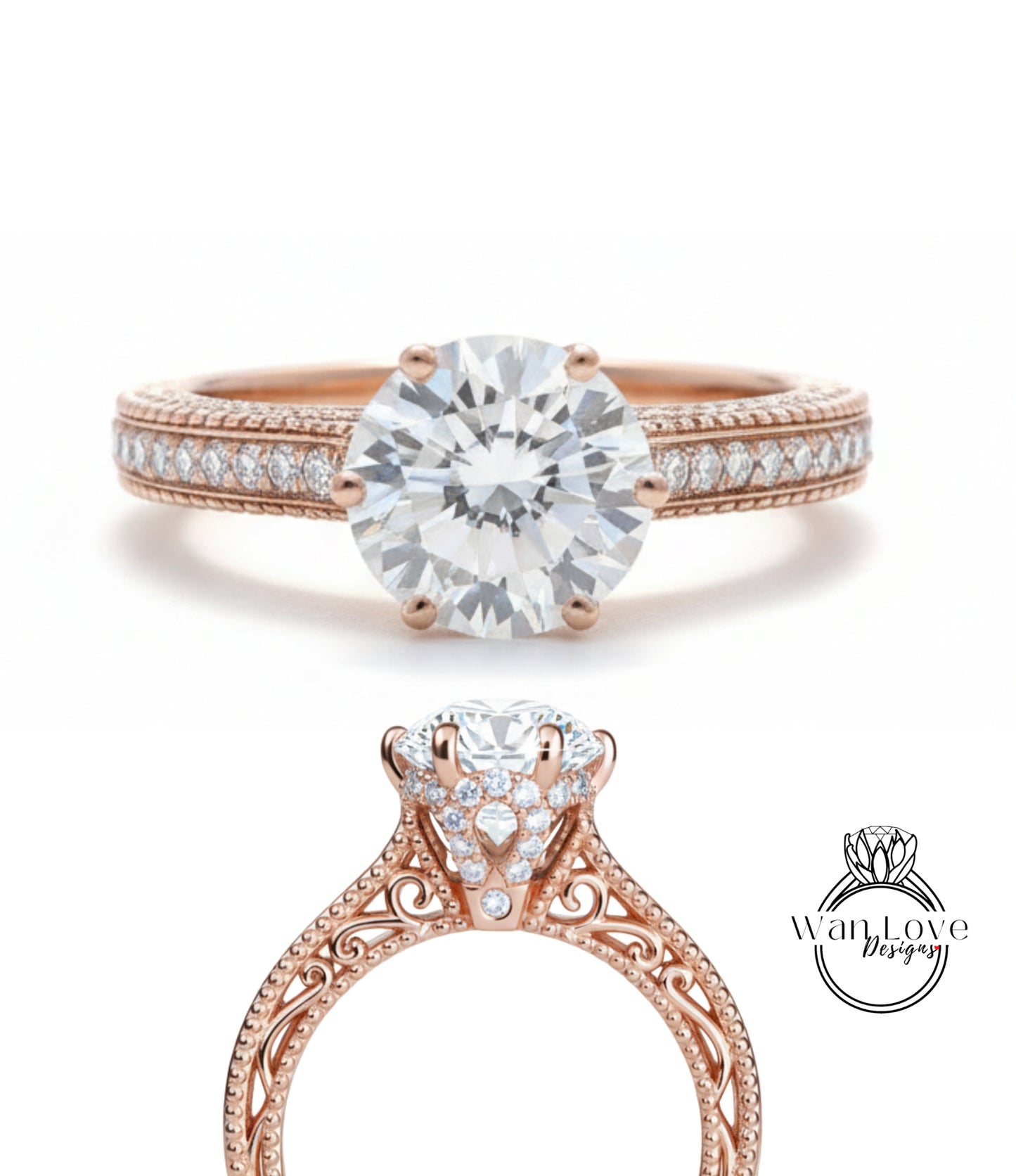 Anello di fidanzamento con perline floreali in filigrana di diamanti Milgrain rotondo personalizzato-14kt oro 18kt, platino, anello di diamanti da laboratorio IGI CVD HPHT