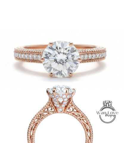 Anello di fidanzamento con perline floreali in filigrana di diamanti Milgrain rotondo personalizzato-14kt oro 18kt, platino, anello di diamanti da laboratorio IGI CVD HPHT