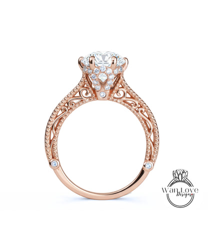 Anello di fidanzamento con perline floreali in filigrana di diamanti Milgrain rotondo personalizzato-14kt oro 18kt, platino, anello di diamanti da laboratorio IGI CVD HPHT