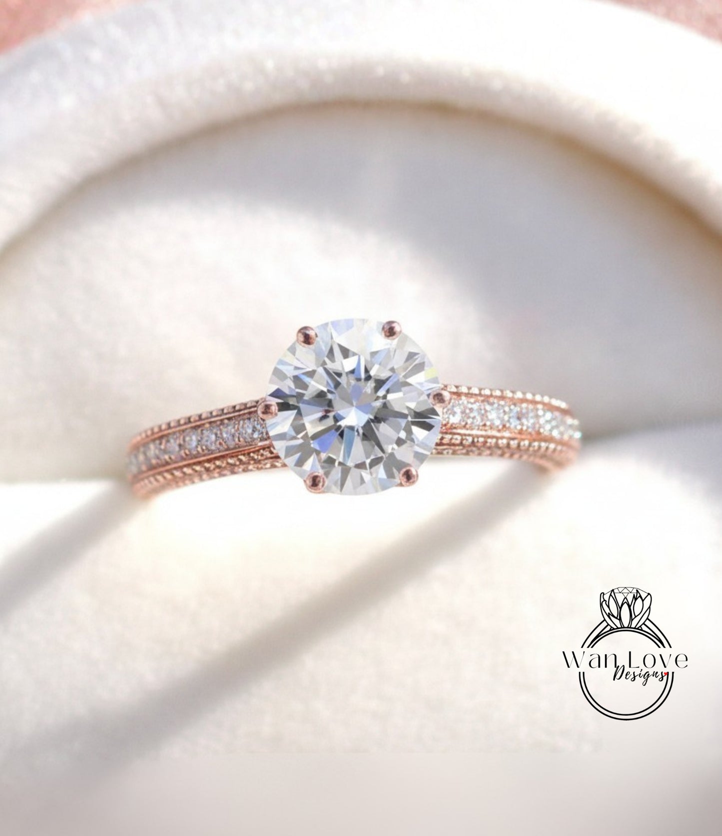 Anello di fidanzamento con perline floreali in filigrana di diamanti Milgrain rotondo personalizzato-14kt oro 18kt, platino, anello di diamanti da laboratorio IGI CVD HPHT