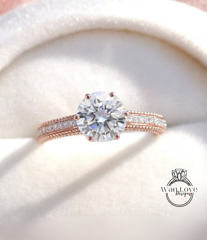 Anello di fidanzamento con perline floreali in filigrana di diamanti Milgrain rotondo personalizzato-14kt oro 18kt, platino, anello di diamanti da laboratorio IGI CVD HPHT