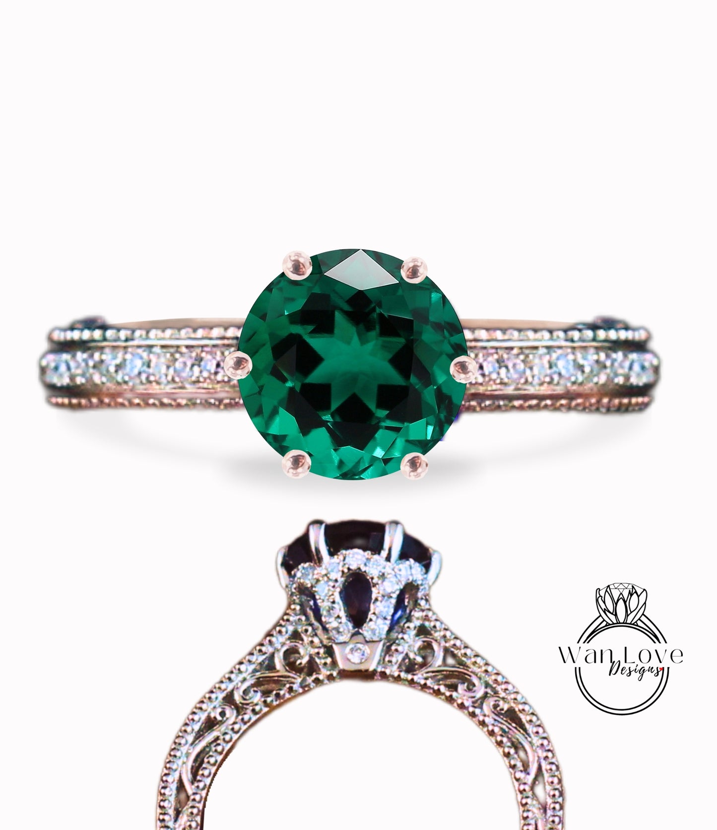 Anello di fidanzamento con fiore Milgrain in filigrana con smeraldo e diamante rotondo personalizzato-14k 18k bianco rosa oro giallo, platino, matrimonio, anniversario