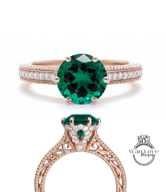 Emerald & Diamonds Round Beaded Milgrain Engagement Ring unique vintage filigree Rose Gold Anniversary Gift antique wedding bridal ring